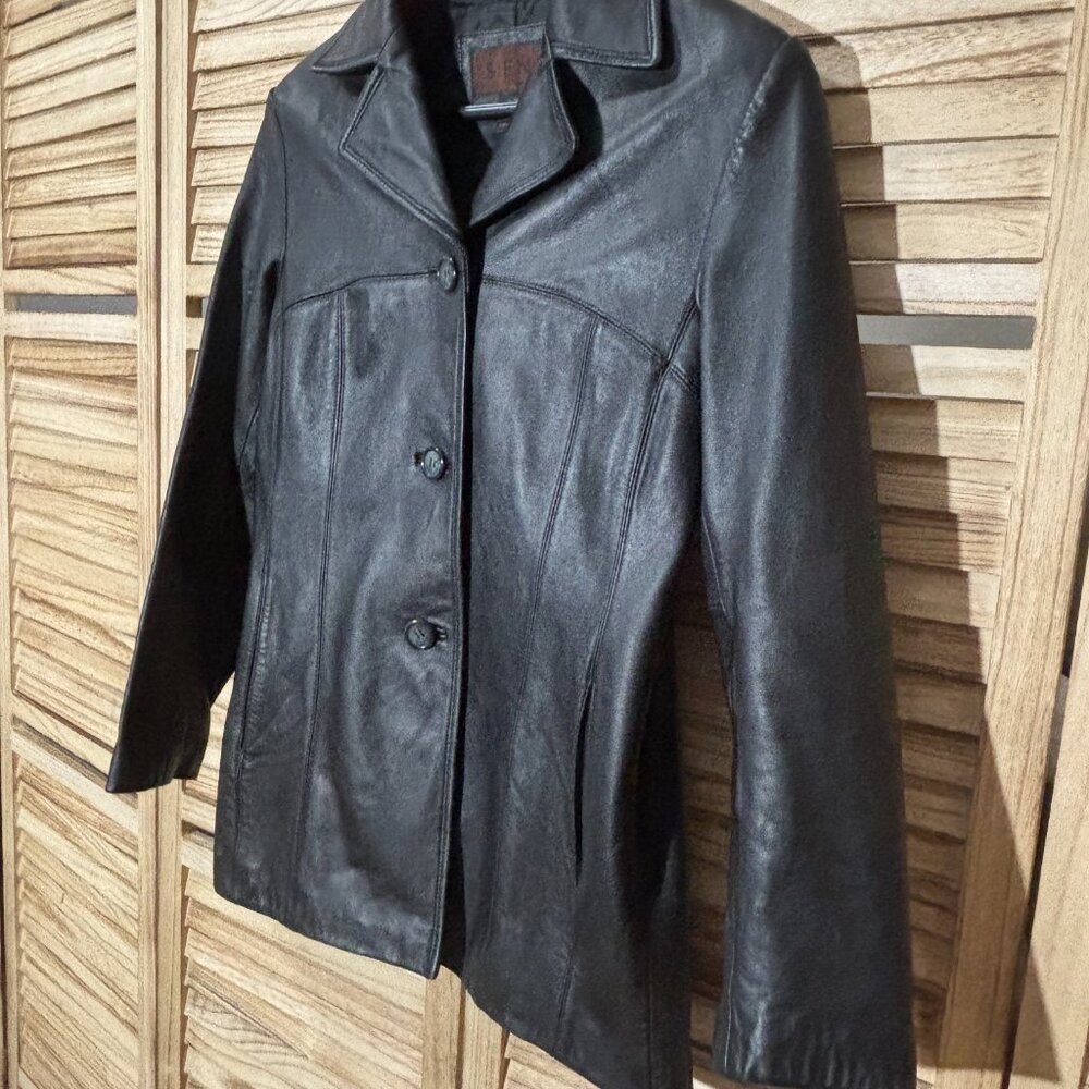 Siena Studio Black Leather Jacket Women’s Small Collared Button-Up Excellent - Picture 2 of 9